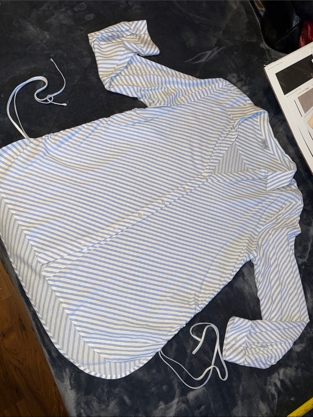 KISMET light blue/white striped button up rayon 100% shirt tie sides like new